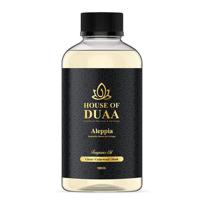 Aleppia is a fresh diffuser oil and fragrance inspired by historic Aleppo. Bright citrus, warm cedarwood, and soft musk create a clean, timeless scent - House of Duaa