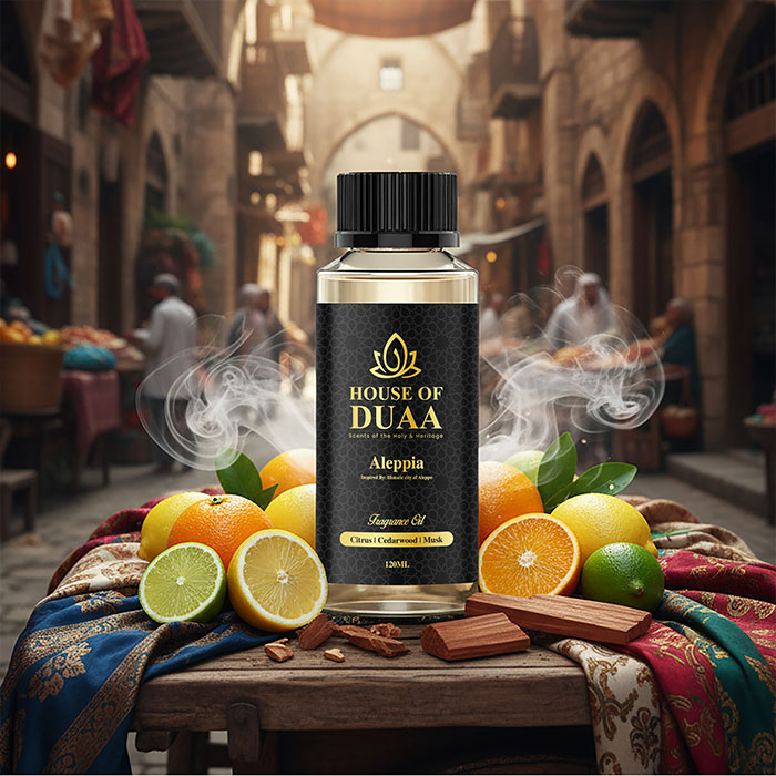 Aleppia is a fresh diffuser oil and fragrance inspired by historic Aleppo. Bright citrus, warm cedarwood, and soft musk create a clean, timeless scent - House of Duaa