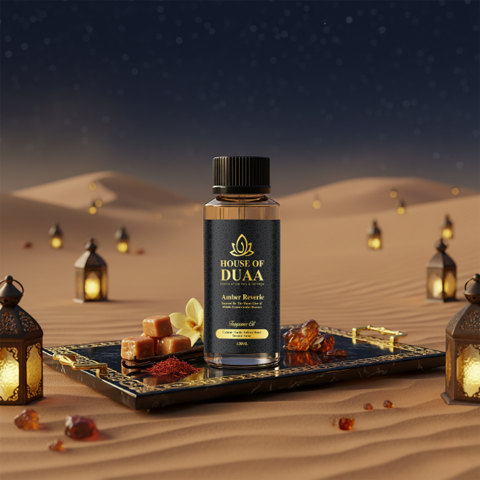 Amber Reverie diffuser oil & fragrance blends caramel, vanilla, saffron, rose, benzoin & amber for a warm, indulgent, and luxurious home scent - House of Duaa