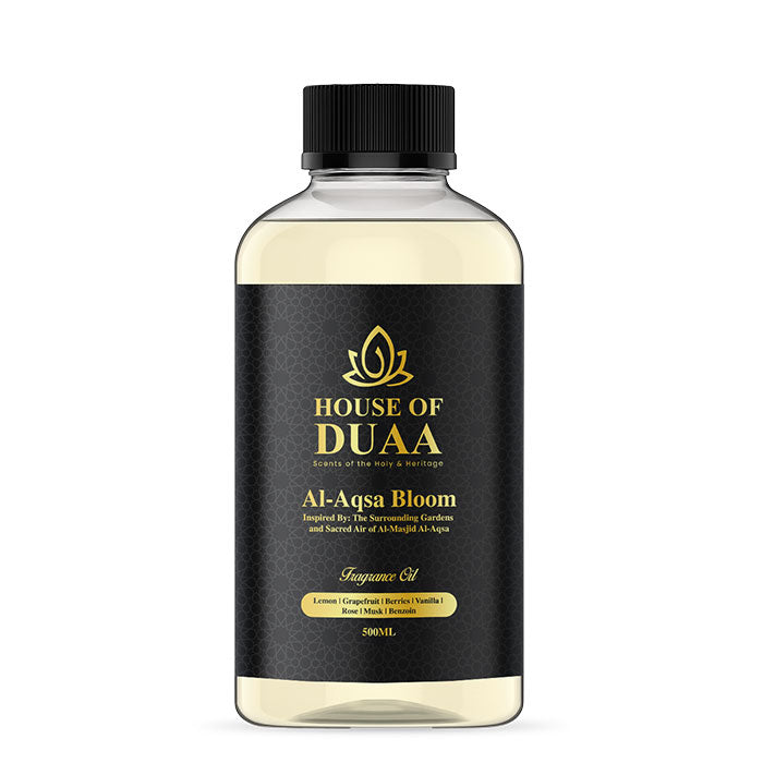 Aqsa Bloom diffuser oil & fragrance inspired by Al-Masjid Al-Aqsa, blending citrus, berries, rose, vanilla, musk & benzoin for a warm, spiritual home scent - House of Duaa