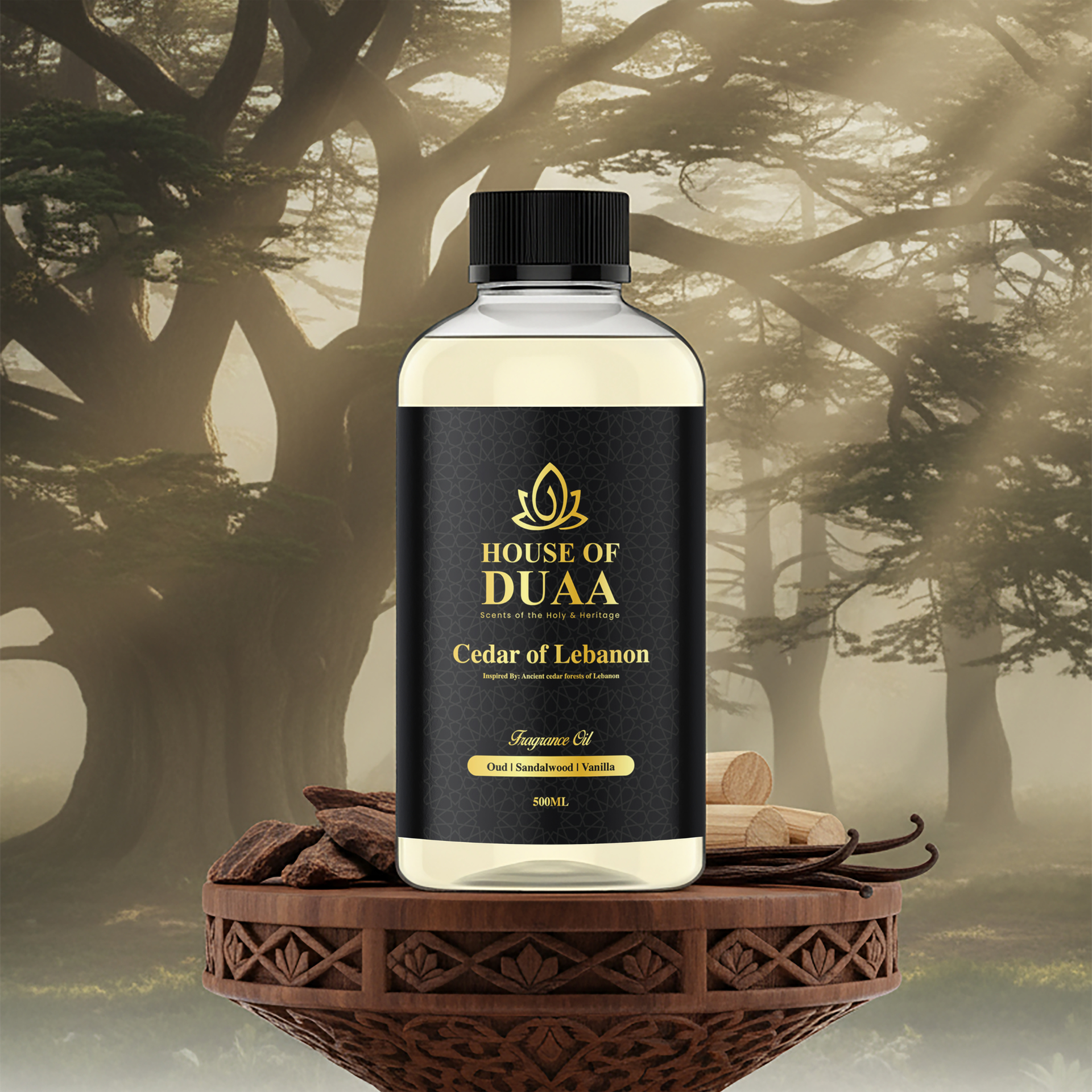 Cedar of Lebanon is a sacred diffuser oil and fragrance inspired by Lebanon’s ancient cedar forests. Oud, sandalwood, and vanilla create a grounding, timeless scent - House of Duaa