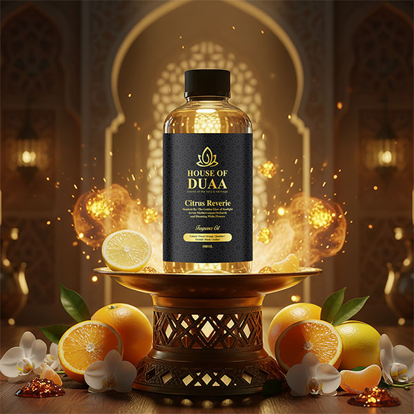 Citrus Reverie diffuser oil & fragrance blends lemon, orange, jasmine, orchid, musk & amber for a vibrant, refreshing, and luxurious home scent - House of Duaa