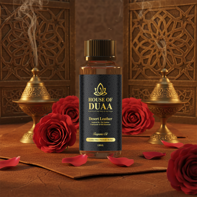 Desert Leather diffuser oil & fragrance blends smoky leather, rose, patchouli & herbal notes for a bold, luxurious, and confident home scent - House of Duaa