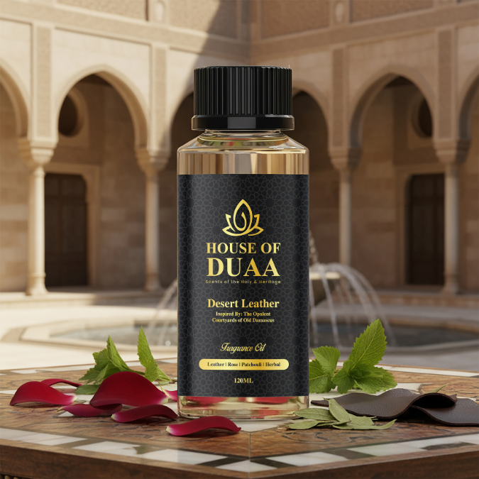 Desert Leather diffuser oil & fragrance blends smoky leather, rose, patchouli & herbal notes for a bold, luxurious, and confident home scent - House of Duaa