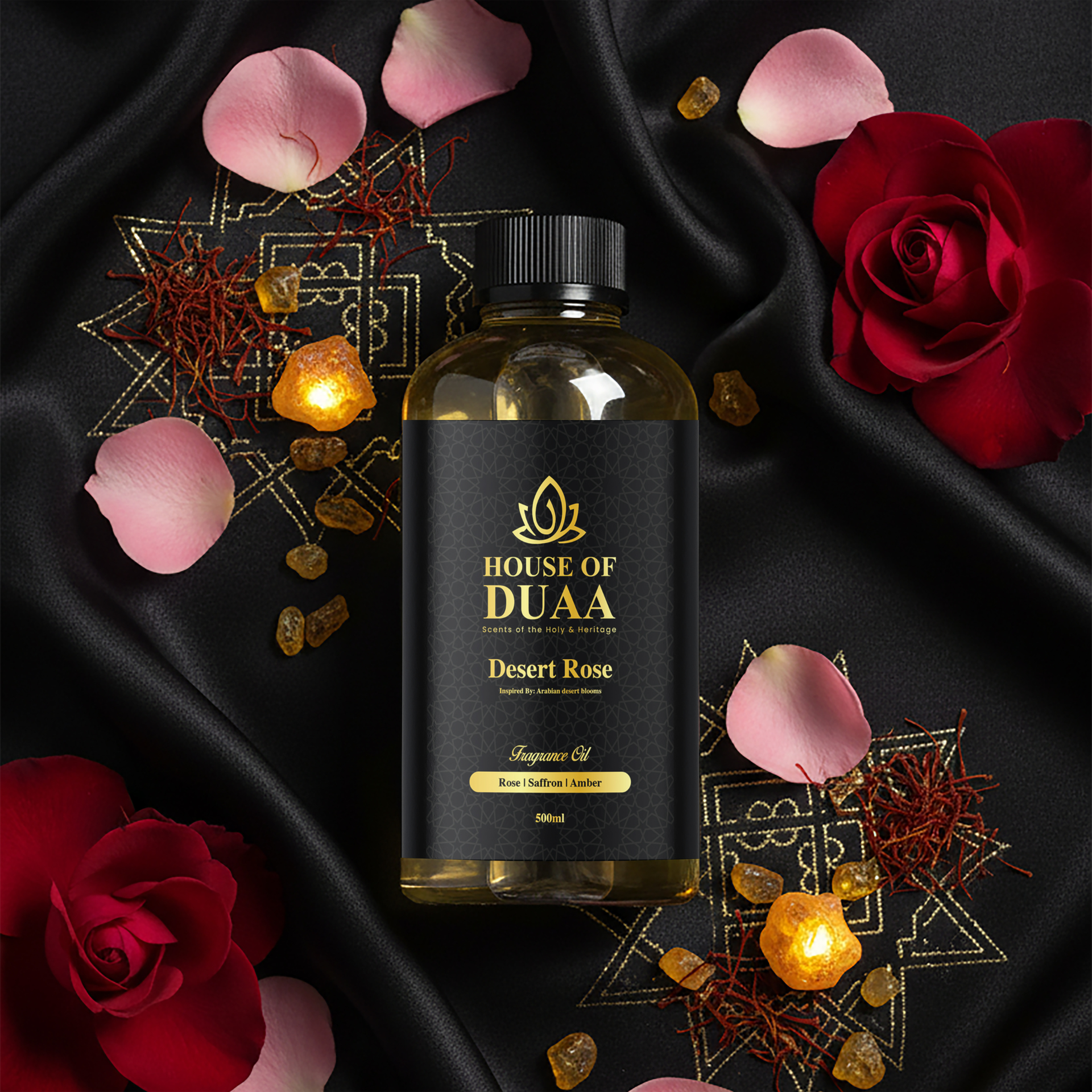 Desert Rose is a luxurious diffuser oil and fragrance inspired by Arabian desert blooms. Lush rose, saffron spice, and warm amber create a rich, romantic scent - House of Duaa