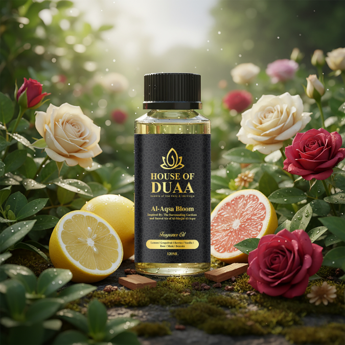 Aqsa Bloom diffuser oil & fragrance inspired by Al-Masjid Al-Aqsa, blending citrus, berries, rose, vanilla, musk & benzoin for a warm, spiritual home scent - House of Duaa