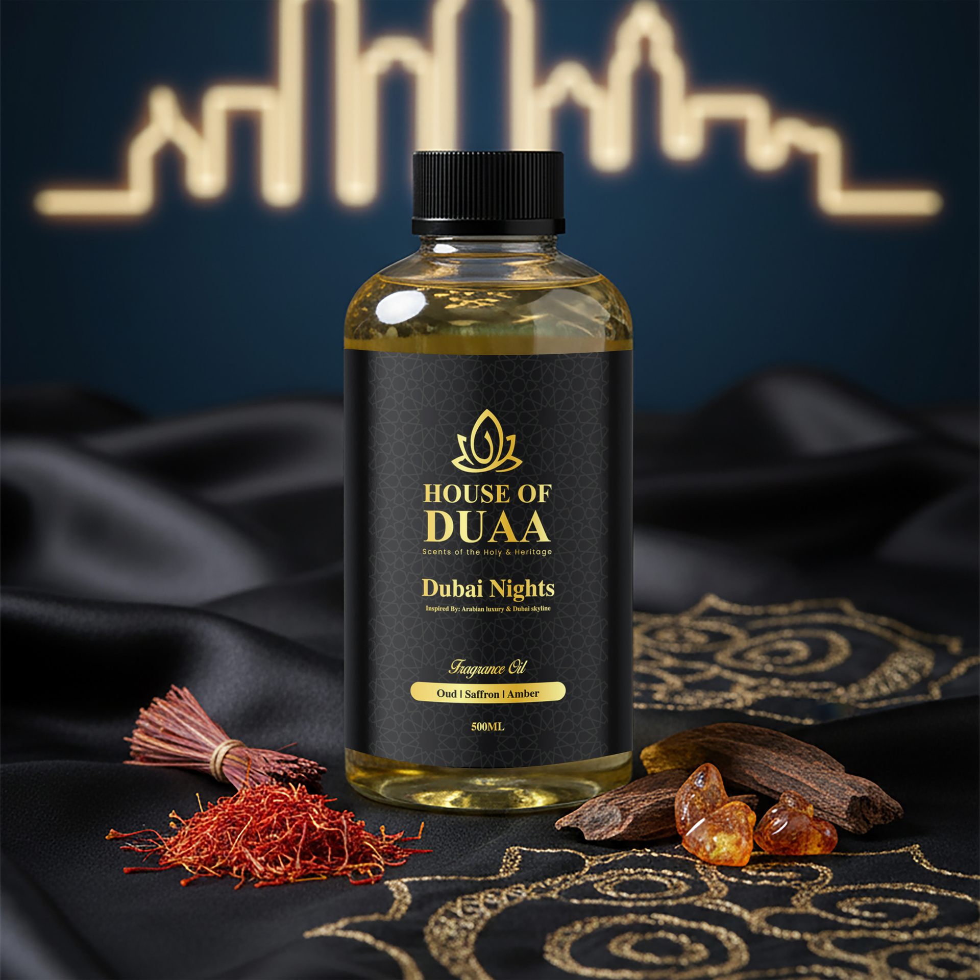 Dubai Nights is a bold diffuser oil and fragrance inspired by Arabian luxury and the glowing Dubai skyline. Oud, saffron, and warm amber create an opulent scent - House of Duaa