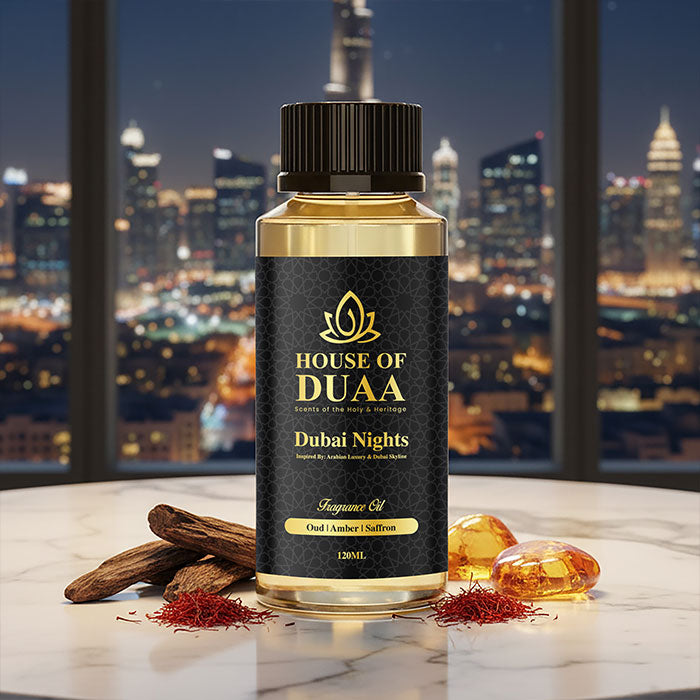 Dubai Nights is a bold diffuser oil and fragrance inspired by Arabian luxury and the glowing Dubai skyline. Oud, saffron, and warm amber create an opulent scent - House of Duaa