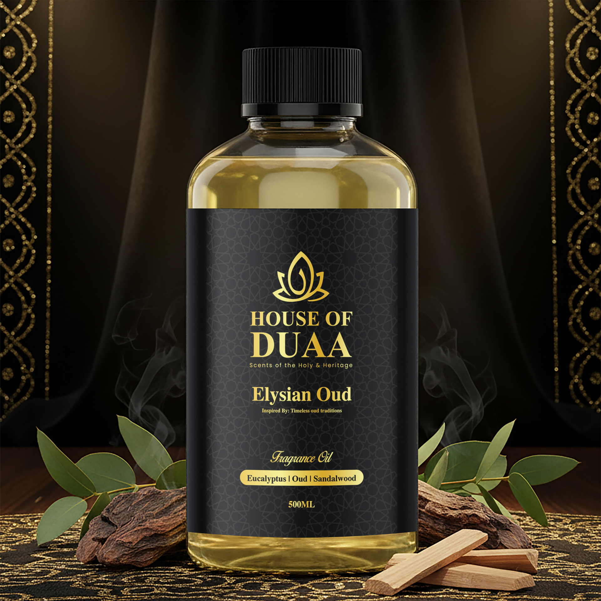 Elysian Oud is a heavenly diffuser oil and fragrance inspired by timeless oud traditions. Eucalyptus, oud, and sandalwood create a powerful yet serene scent - House of Duaa