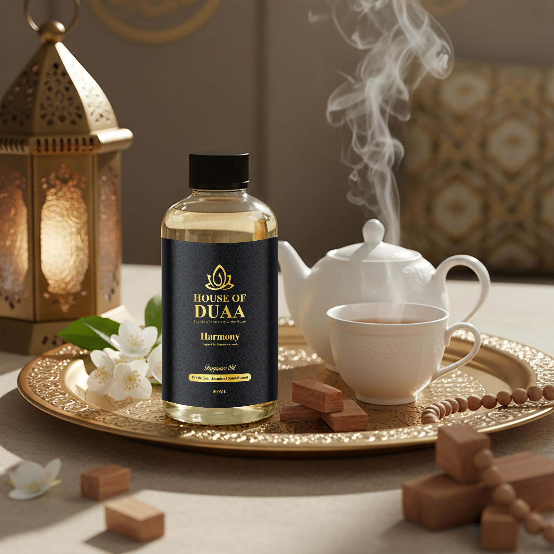 Harmony is a calming diffuser oil and fragrance inspired by Eastern tea rituals. White tea, jasmine, and sandalwood create a peaceful, balanced, and soothing scent - House of Duaa