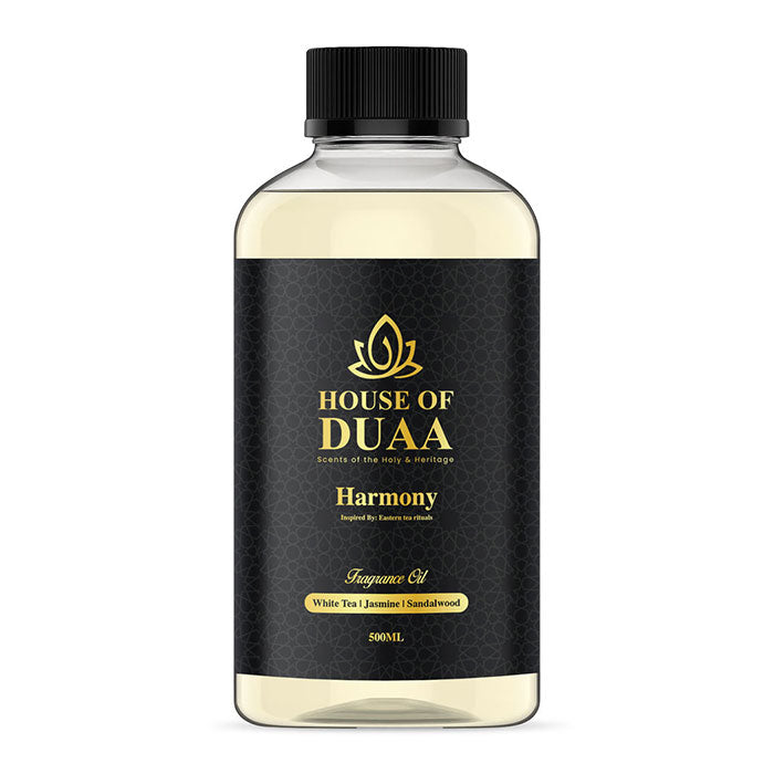 Harmony is a calming diffuser oil and fragrance inspired by Eastern tea rituals. White tea, jasmine, and sandalwood create a peaceful, balanced, and soothing scent - House of Duaa