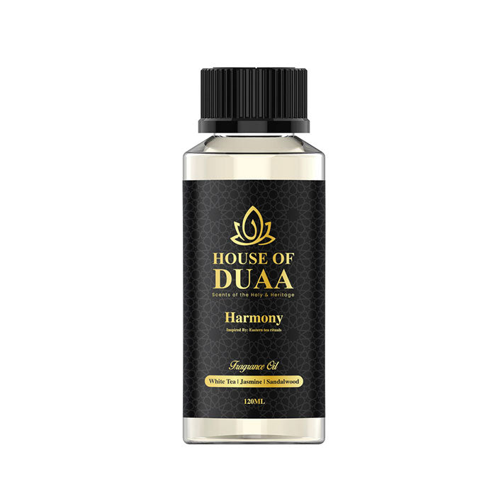 Harmony is a calming diffuser oil and fragrance inspired by Eastern tea rituals. White tea, jasmine, and sandalwood create a peaceful, balanced, and soothing scent - House of Duaa