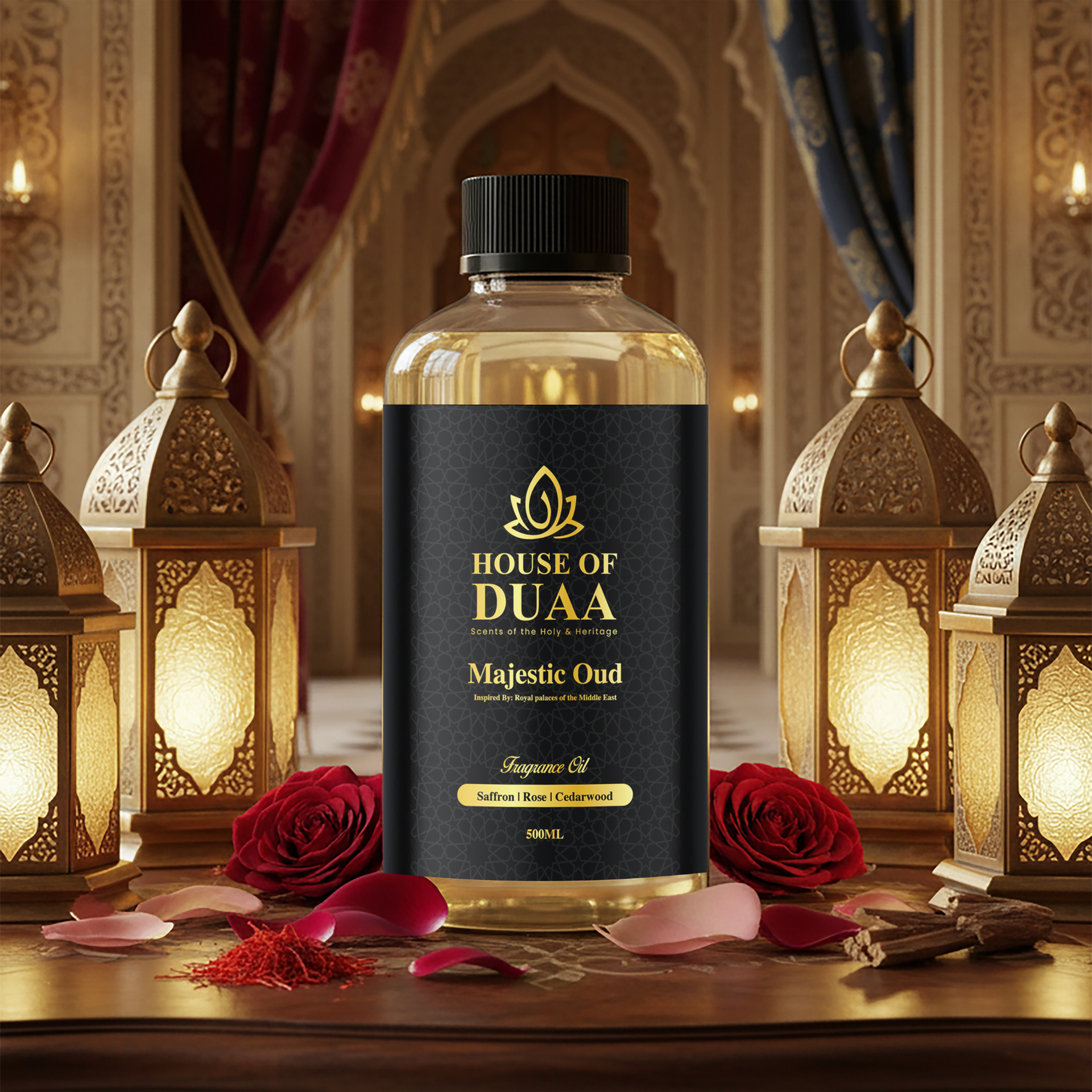 Majestic Oud is a regal diffuser oil and fragrance inspired by Middle Eastern royal palaces. Saffron, rose, and cedarwood create a powerful, elegant, and refined scent - House of Duaa