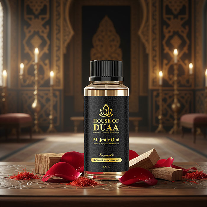 Majestic Oud is a regal diffuser oil and fragrance inspired by Middle Eastern royal palaces. Saffron, rose, and cedarwood create a powerful, elegant, and refined scent - House of Duaa