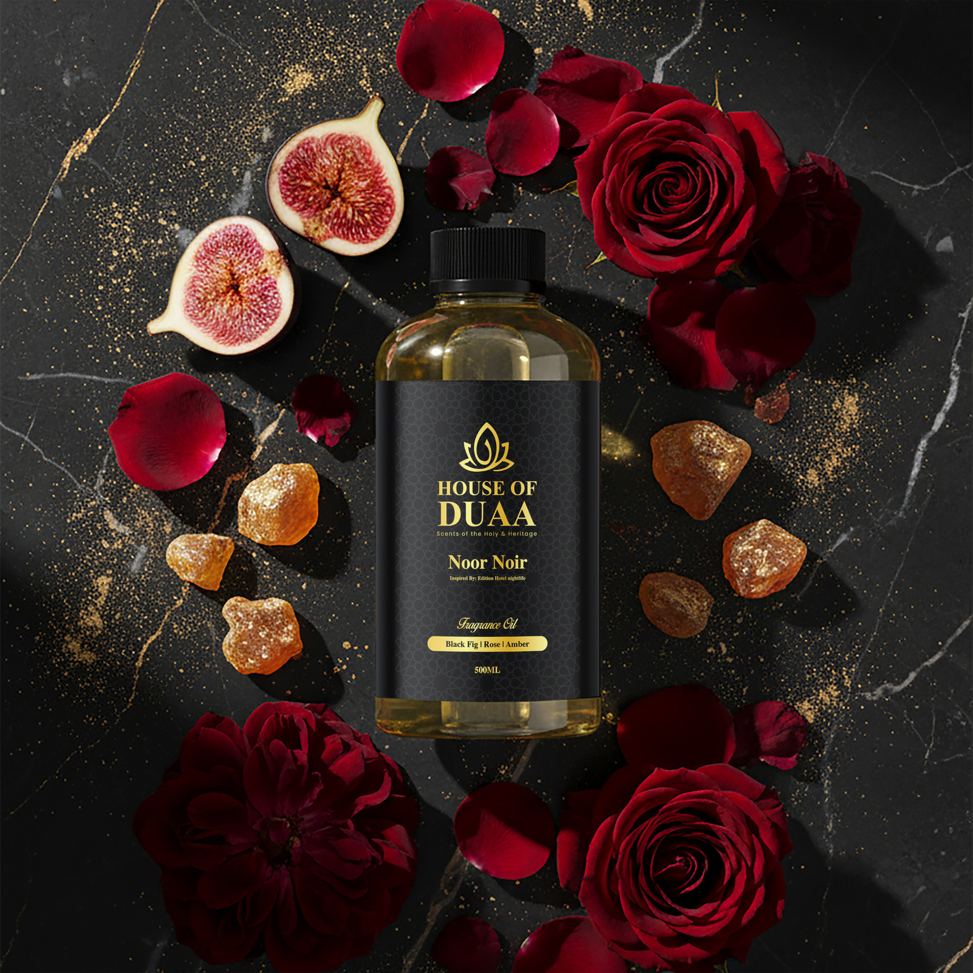 Noor Noir is a sensual diffuser oil and fragrance inspired by Edition Hotel nightlife. Dark fig, rose, and warm amber create a modern, moody, and elegant scent - House of Duaa