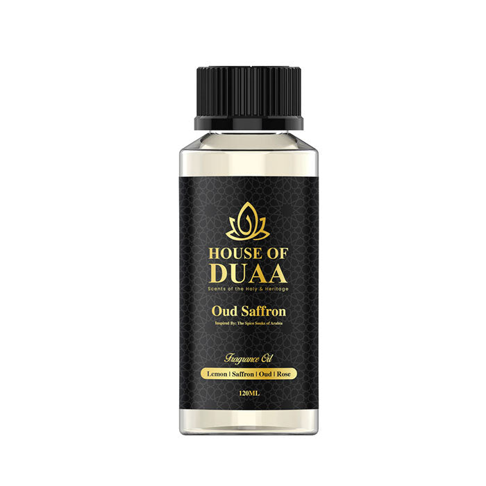 Oud Saffron is a bold diffuser oil and fragrance inspired by Arabia’s spice souks. Lemon, saffron, oud, and rose create a rich, aromatic scent full of heritage - House of Duaa