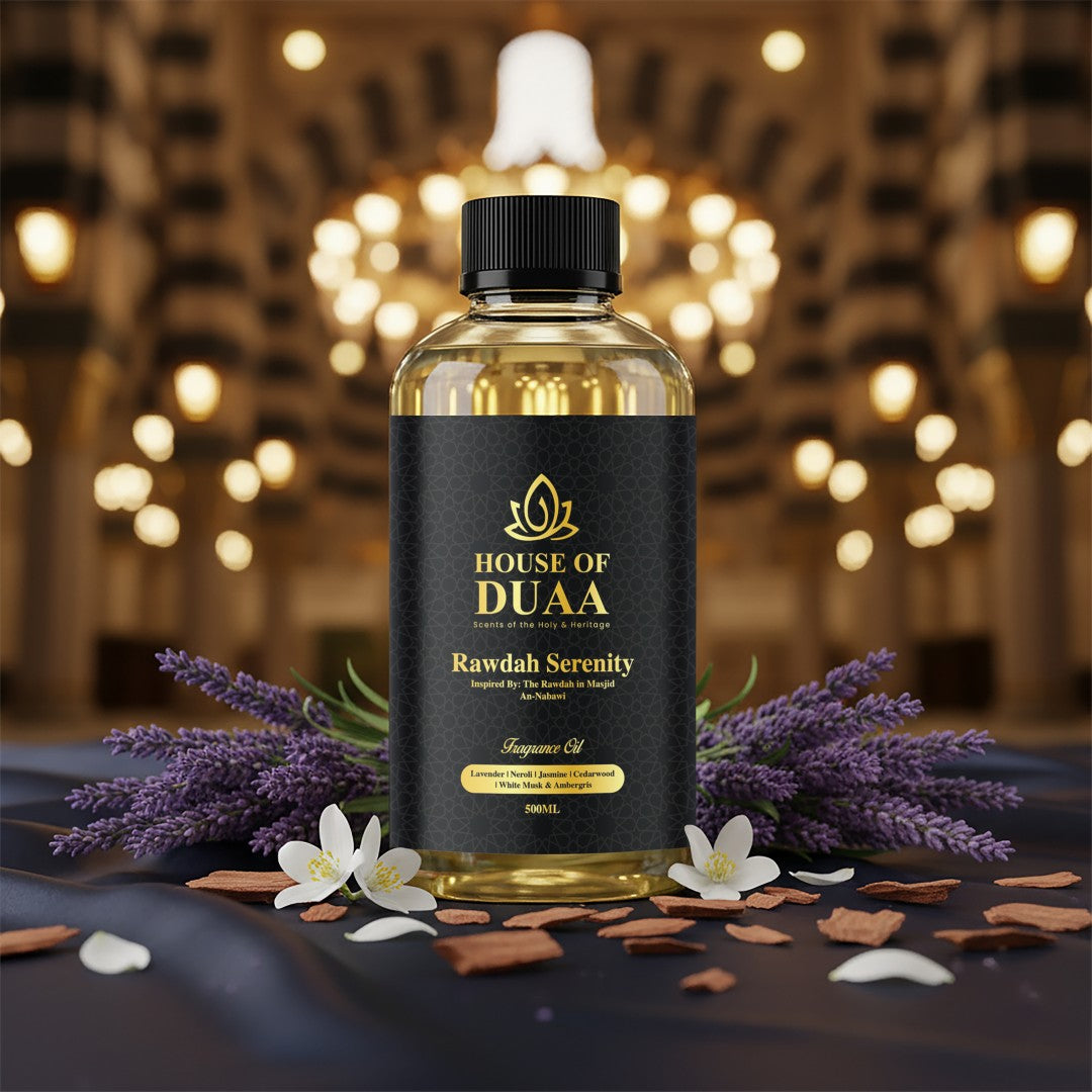 Rawdah Serenity diffuser oil and fragrance blends lavender, neroli, jasmine, cedarwood, white musk, and ambergris for a peaceful, sacred atmosphere - House of Duaa