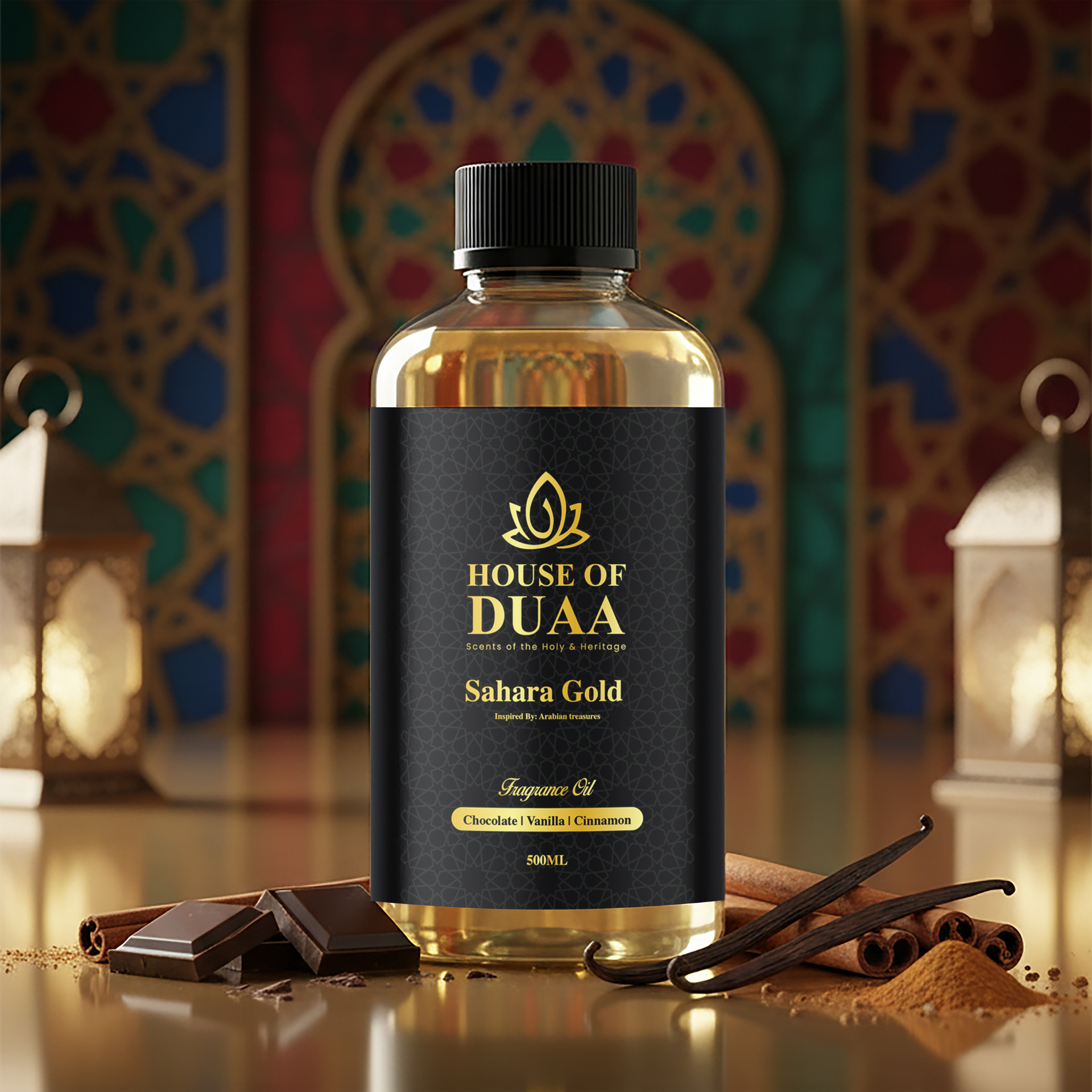 Sahara Gold is a decadent diffuser oil and fragrance inspired by Arabian treasures. Rich chocolate, creamy vanilla, and cinnamon create a warm, luxurious scent - House of Duaa