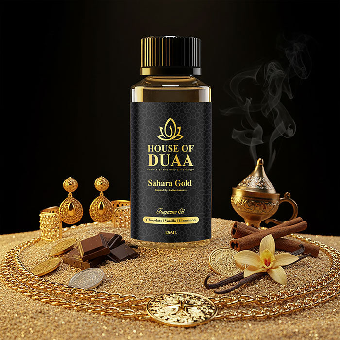 Sahara Gold is a decadent diffuser oil and fragrance inspired by Arabian treasures. Rich chocolate, creamy vanilla, and cinnamon create a warm, luxurious scent - House of Duaa