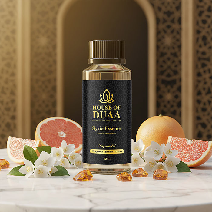 Syria Essence is an elegant diffuser oil and fragrance inspired by the gardens of Damascus. Fresh grapefruit, soft jasmine, and warm amber create a timeless scent - House of Duaa