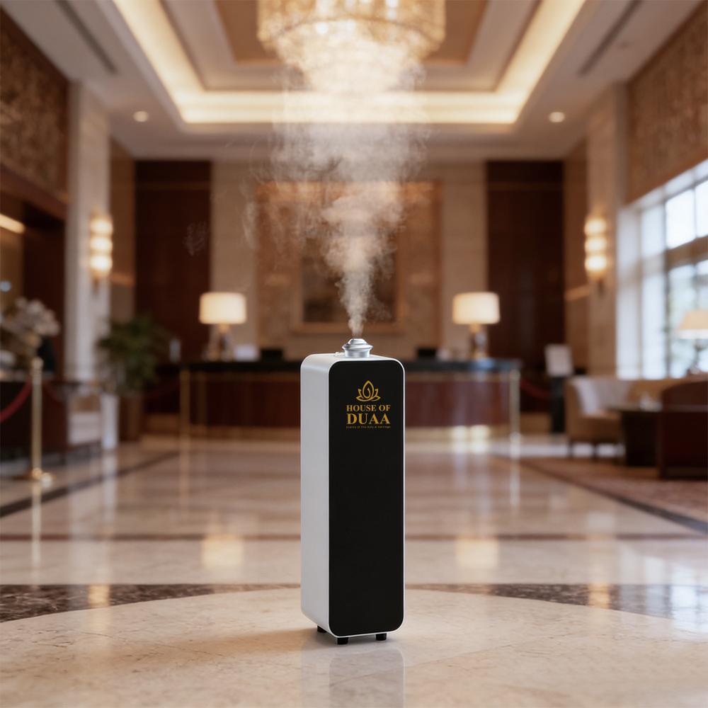 Vera Burj™ delivers refined fragrance coverage for homes, mosques, hotels, and commercial spaces like this hotel lobby with advanced cold-air diffusion and smart app control.