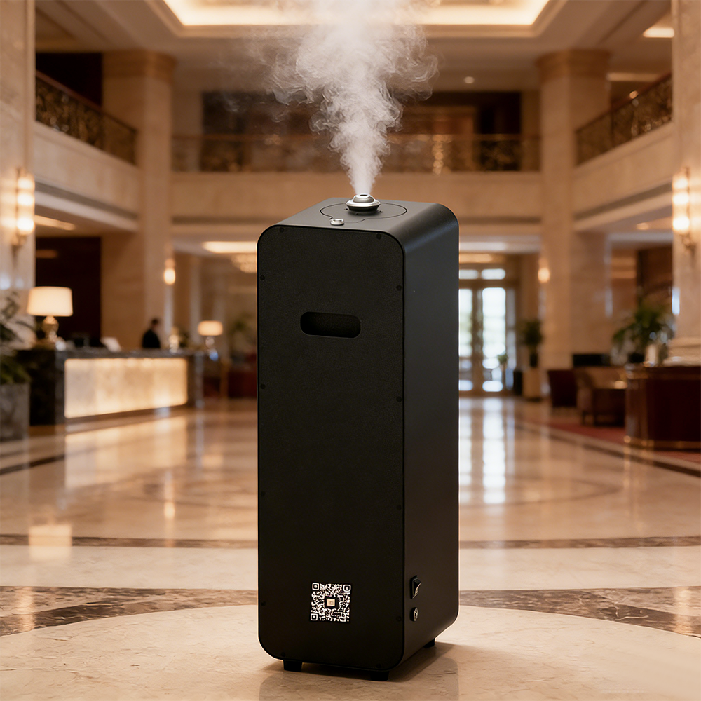 Vera Burj™ delivers refined fragrance coverage for homes, mosques, hotels, and commercial spaces like this hotel lobby with advanced cold-air diffusion and smart app control.