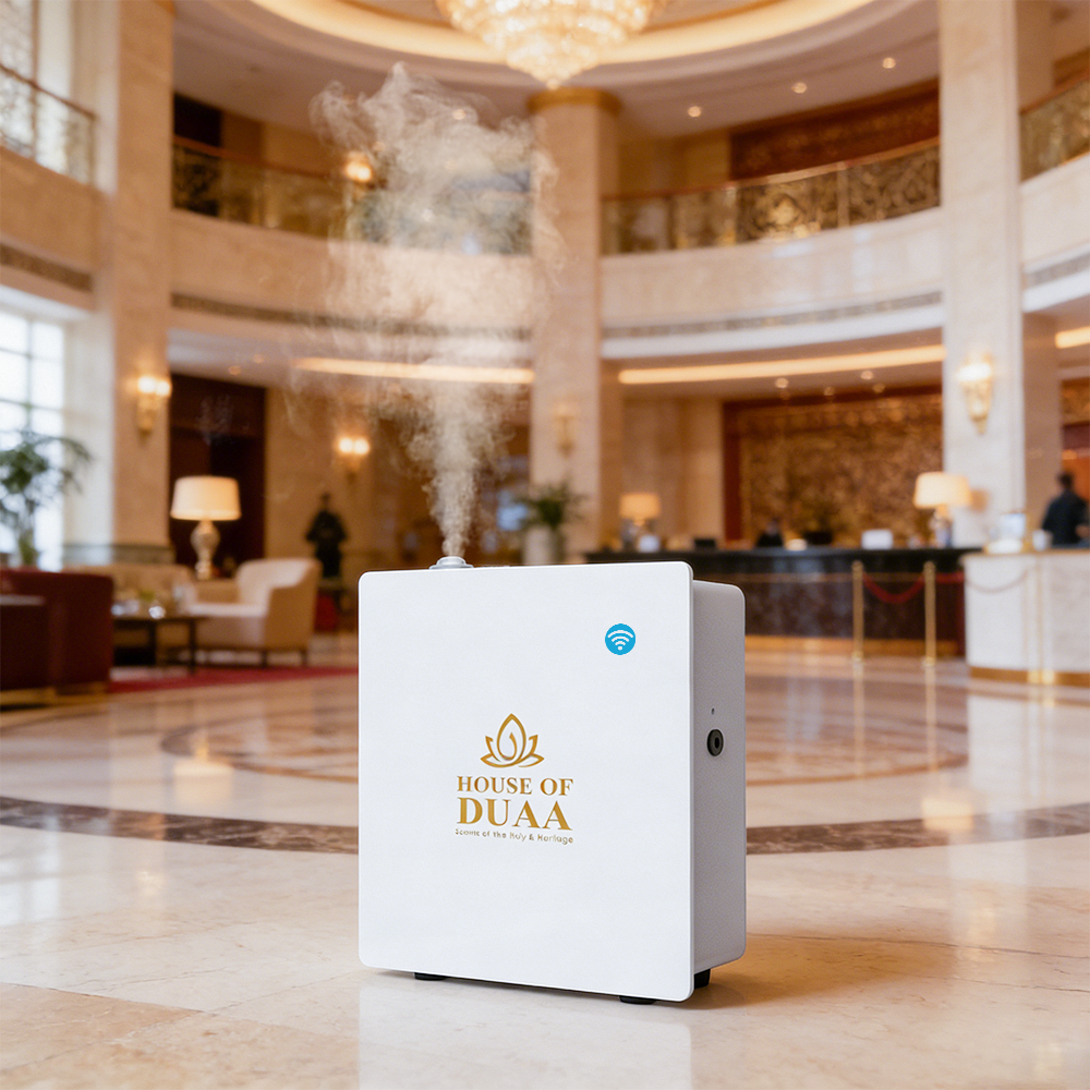 Vera Grand Pro™ delivers professional fragrance coverage for homes, offices, mosques, and commercial spaces like this hotel lobby with advanced cold-air diffuser technology - House of Duaa