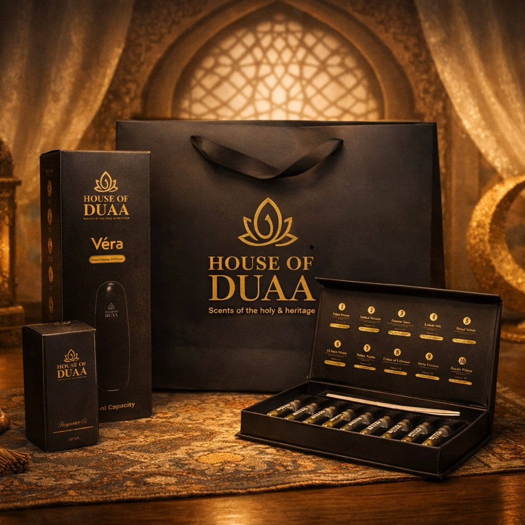 Enjoy effortless fragrance with the Vera Plug-In Diffuser, Syria Essence 120ml, 10-sample Discovery Set, and House of Duaa gift bag to celebrate Eid for home or office.