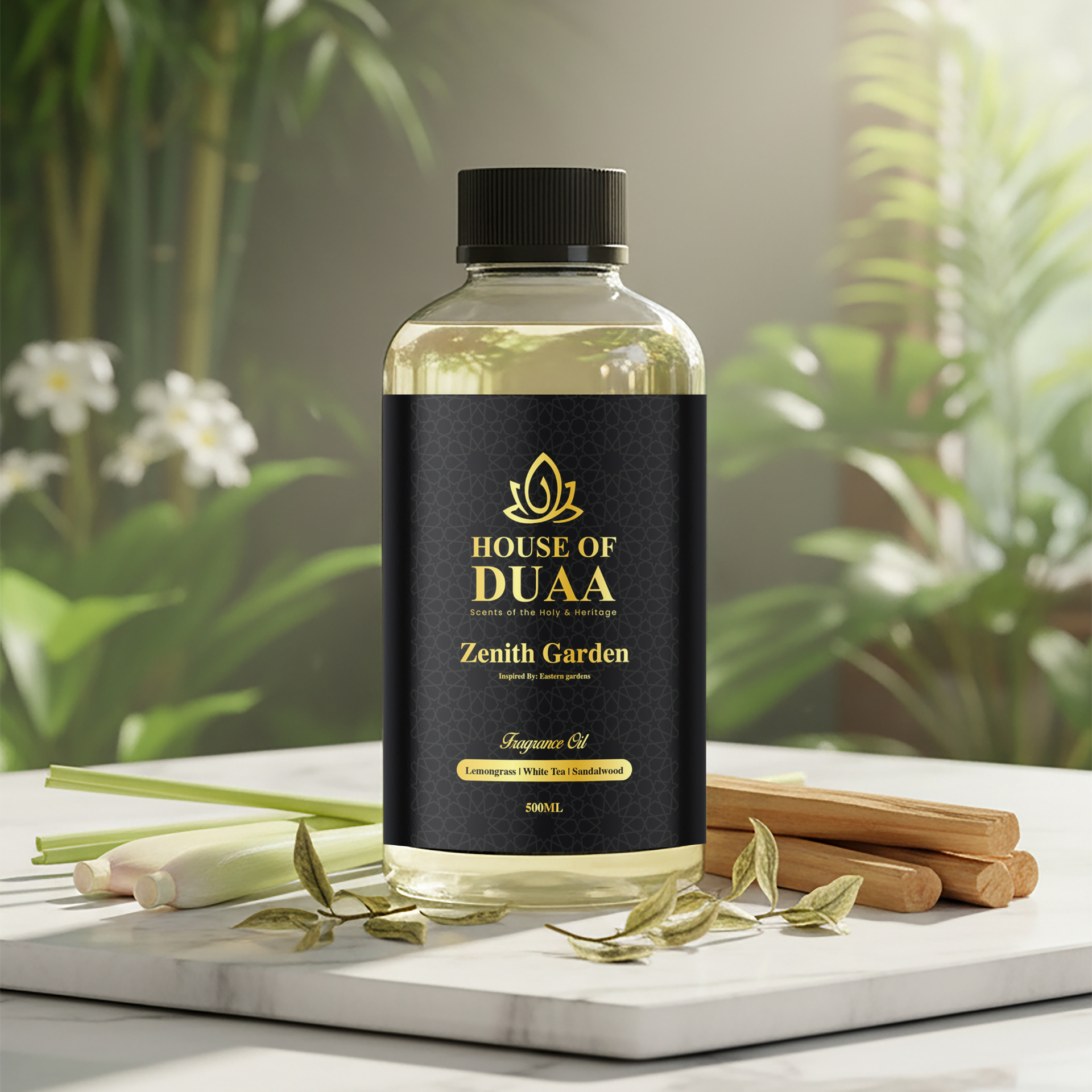 Zenith Garden is a refreshing diffuser oil and fragrance inspired by tranquil Eastern gardens. Lemongrass, white tea, and sandalwood create a calm, uplifting scent - House of Duaa