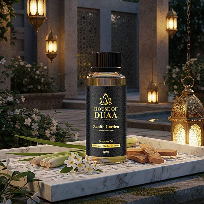 Zenith Garden is a refreshing diffuser oil and fragrance inspired by tranquil Eastern gardens. Lemongrass, white tea, and sandalwood create a calm, uplifting scent - House of Duaa
