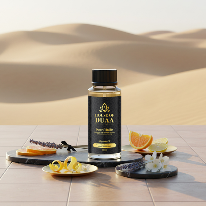 Desert Vitality diffuser oil & fragrance inspired by Middle Eastern mornings, blending zesty citrus with lavender, jasmine, and amber for an uplifting home scent - House of Duaa