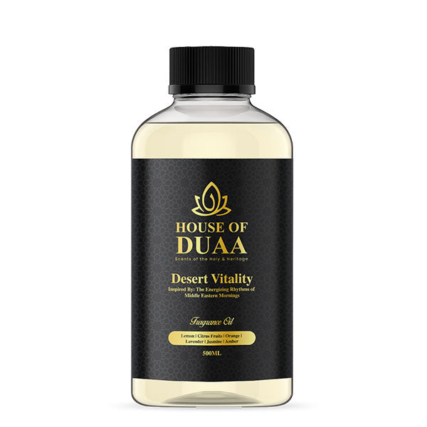 Desert Vitality diffuser oil & fragrance inspired by Middle Eastern mornings, blending zesty citrus with lavender, jasmine, and amber for an uplifting home scent - House of Duaa