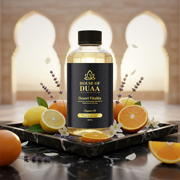 Desert Vitality diffuser oil & fragrance inspired by Middle Eastern mornings, blending zesty citrus with lavender, jasmine, and amber for an uplifting home scent - House of Duaa