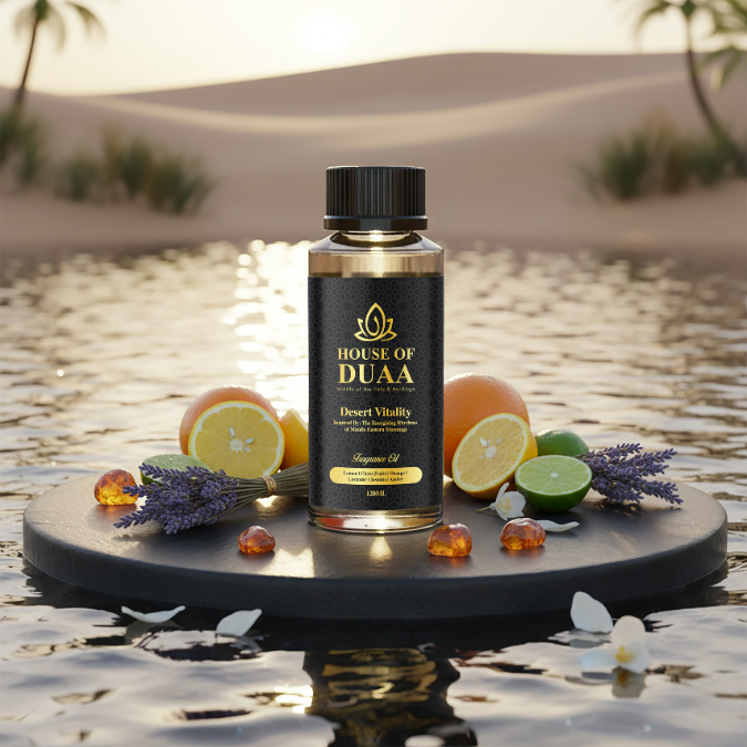Desert Vitality diffuser oil & fragrance inspired by Middle Eastern mornings, blending zesty citrus with lavender, jasmine, and amber for an uplifting home scent - House of Duaa