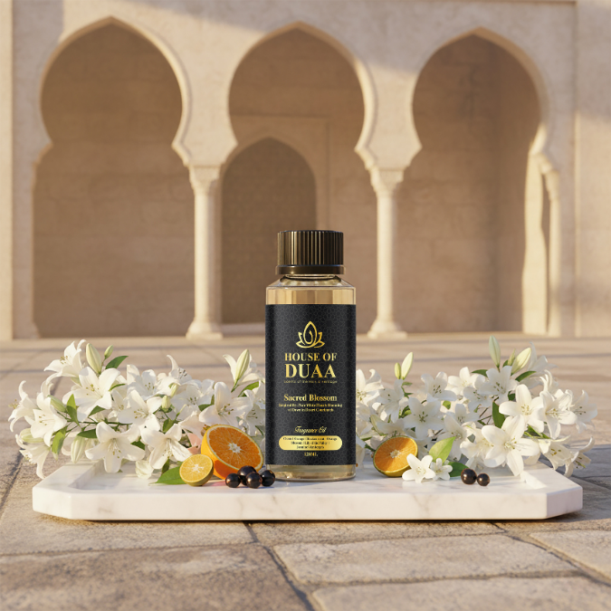 Sacred Blossom diffuser oil & fragrance blends bright citrus and blackcurrant with white florals, ambergris, and soft elegance for a clean, radiant home scent - House of Duaa