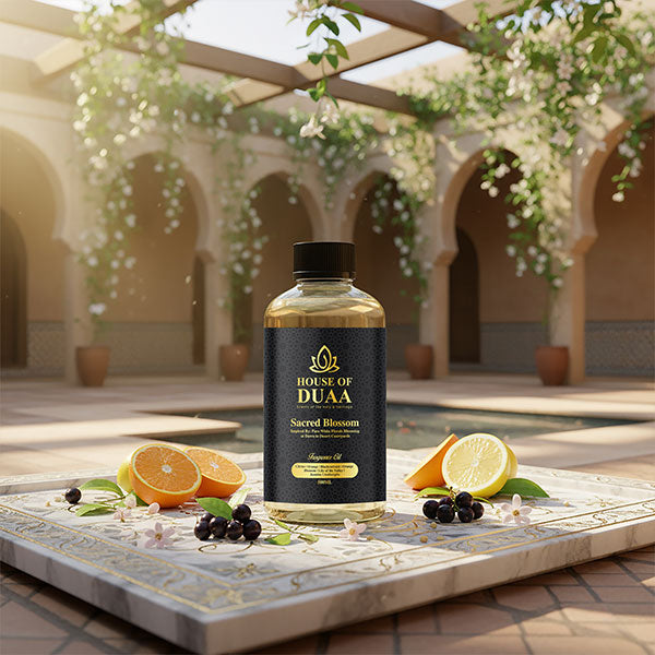 Sacred Blossom diffuser oil & fragrance blends bright citrus and blackcurrant with white florals, ambergris, and soft elegance for a clean, radiant home scent - House of Duaa