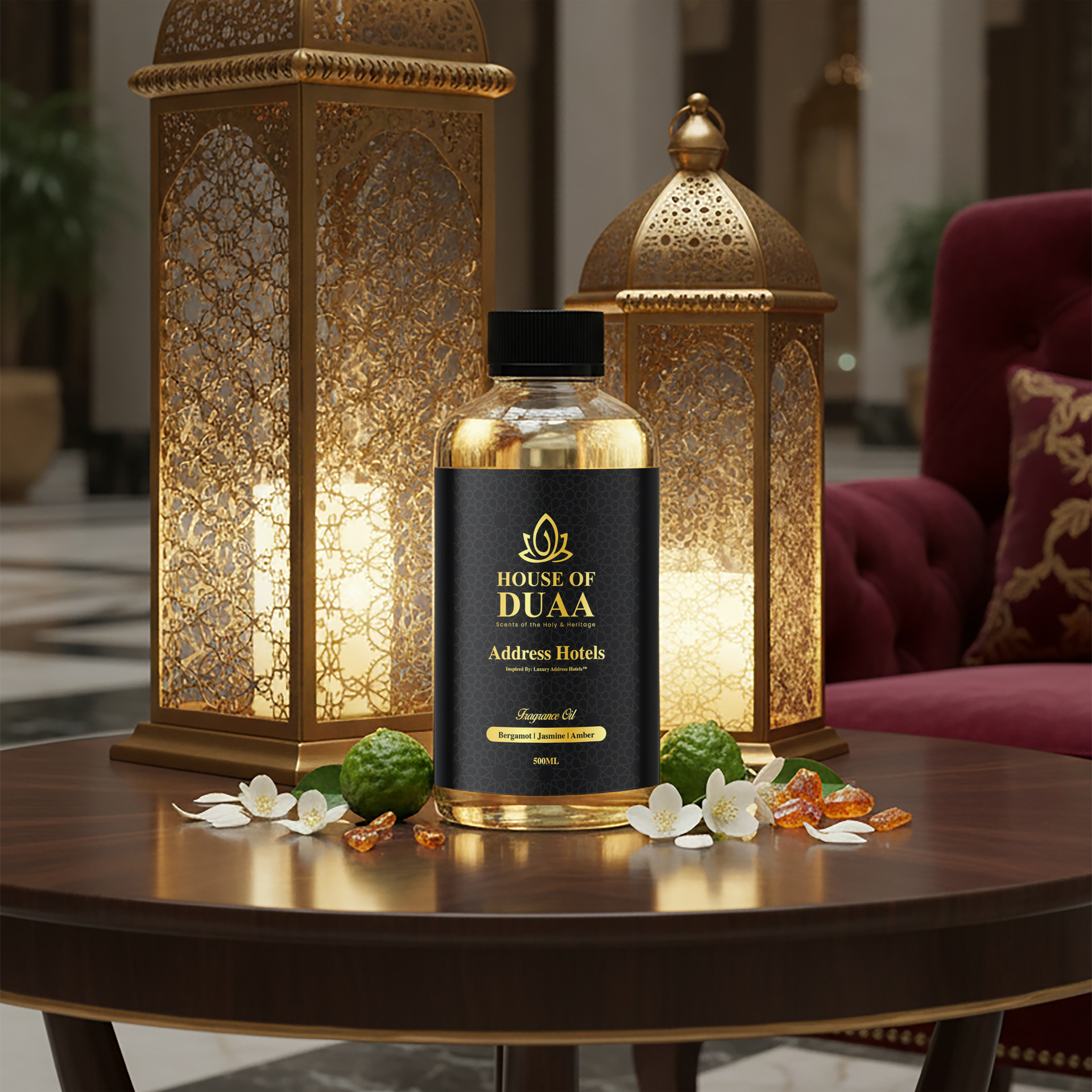 Address Hotels is a refined diffuser oil and fragrance inspired by the luxury of Address Hotels™. Bergamot, jasmine, and warm amber create a polished, modern scent - House of Duaa