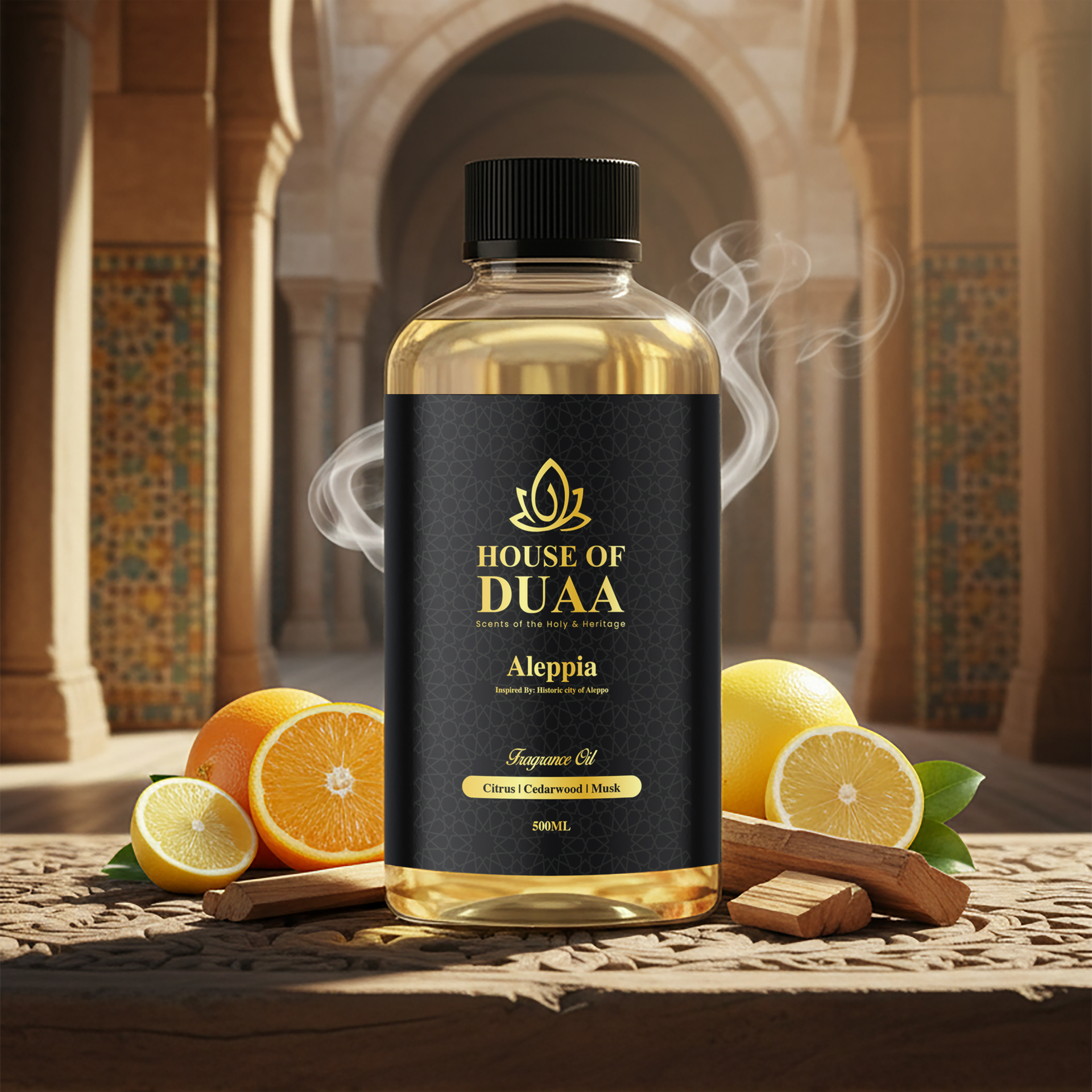 Aleppia is a fresh diffuser oil and fragrance inspired by historic Aleppo. Bright citrus, warm cedarwood, and soft musk create a clean, timeless scent - House of Duaa