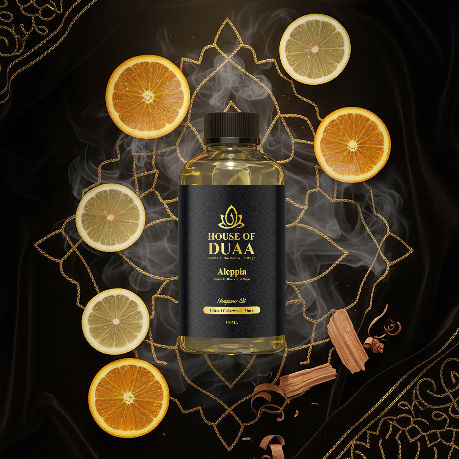 Aleppia is a fresh diffuser oil and fragrance inspired by historic Aleppo. Bright citrus, warm cedarwood, and soft musk create a clean, timeless scent - House of Duaa