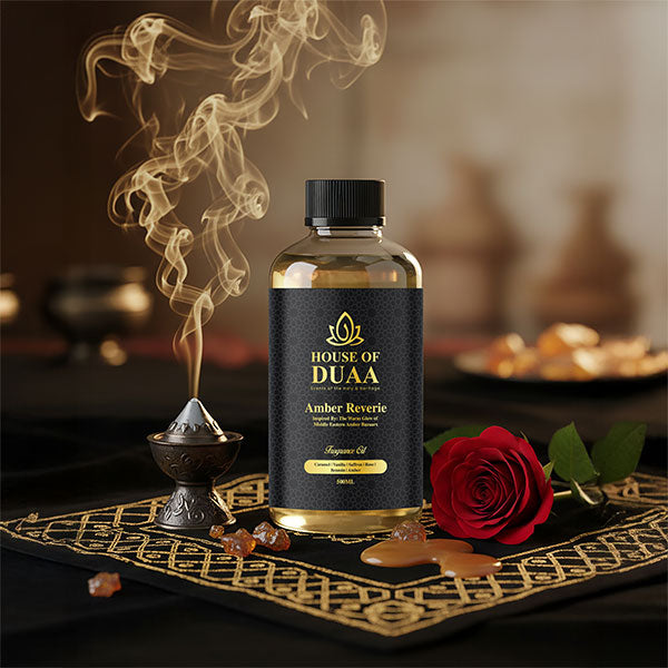 Amber Reverie diffuser oil & fragrance blends caramel, vanilla, saffron, rose, benzoin & amber for a warm, indulgent, and luxurious home scent - House of Duaa