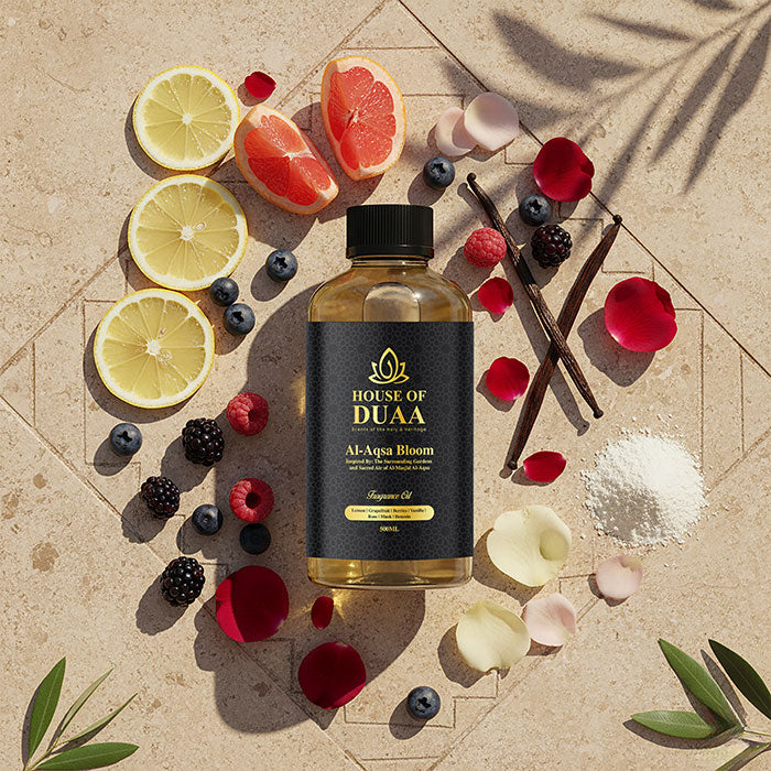 Aqsa Bloom diffuser oil & fragrance inspired by Al-Masjid Al-Aqsa, blending citrus, berries, rose, vanilla, musk & benzoin for a warm, spiritual home scent - House of Duaa