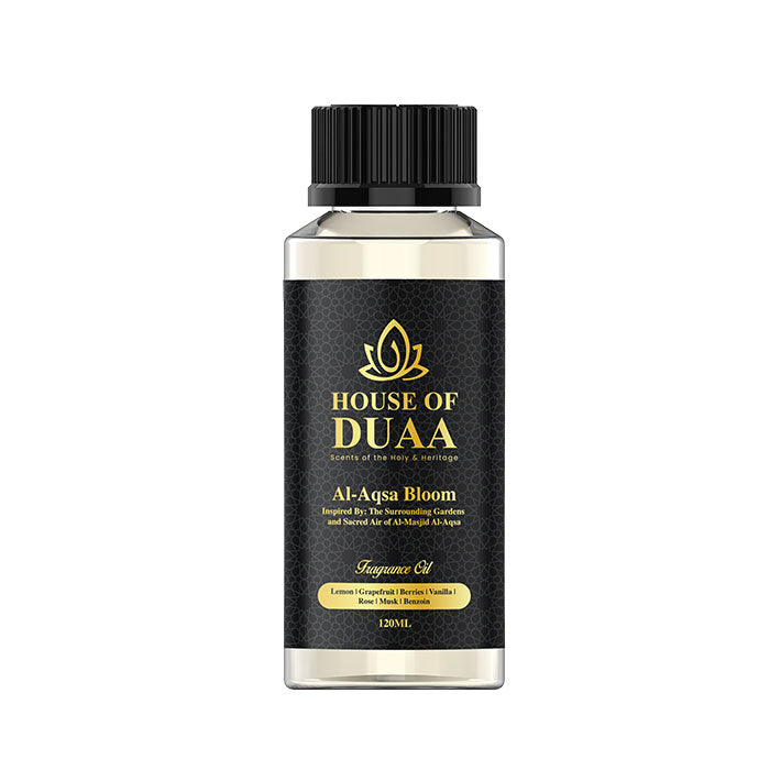 Aqsa Bloom diffuser oil & fragrance inspired by Al-Masjid Al-Aqsa, blending citrus, berries, rose, vanilla, musk & benzoin for a warm, spiritual home scent - House of Duaa
