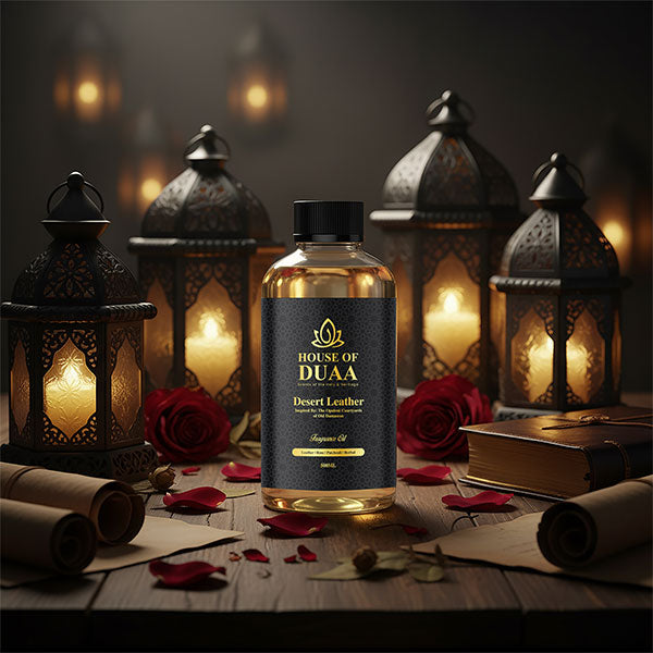 Desert Leather diffuser oil & fragrance blends smoky leather, rose, patchouli & herbal notes for a bold, luxurious, and confident home scent - House of Duaa