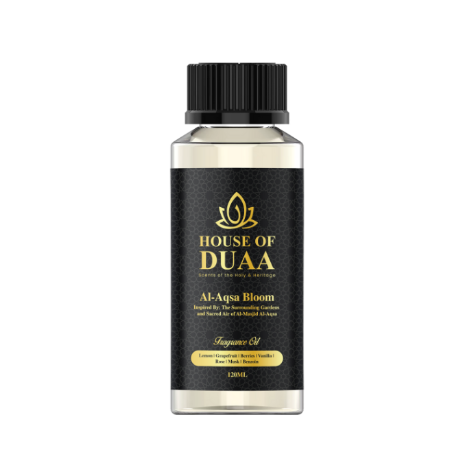 Aqsa Bloom diffuser oil & fragrance inspired by Al-Masjid Al-Aqsa, blending citrus, berries, rose, vanilla, musk & benzoin for a warm, spiritual home scent - House of Duaa