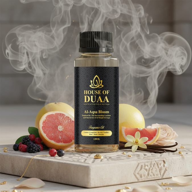 Aqsa Bloom diffuser oil & fragrance inspired by Al-Masjid Al-Aqsa, blending citrus, berries, rose, vanilla, musk & benzoin for a warm, spiritual home scent - House of Duaa
