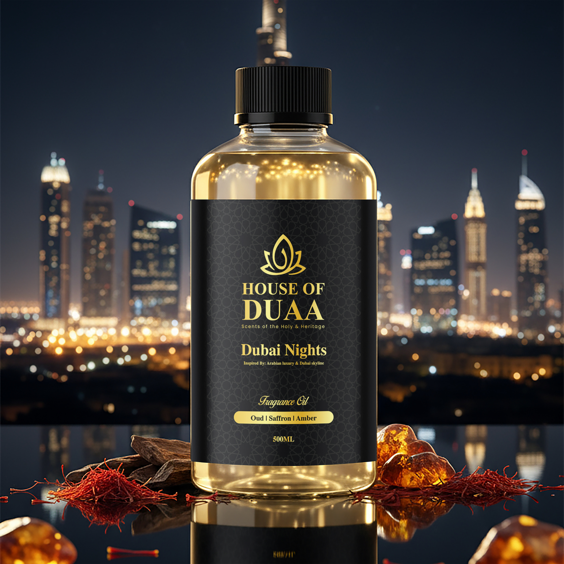Dubai Nights is a bold diffuser oil and fragrance inspired by Arabian luxury and the glowing Dubai skyline. Oud, saffron, and warm amber create an opulent scent - House of Duaa