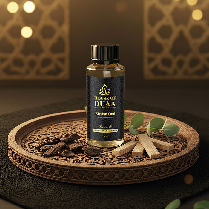 Elysian Oud is a heavenly diffuser oil and fragrance inspired by timeless oud traditions. Eucalyptus, oud, and sandalwood create a powerful yet serene scent - House of Duaa