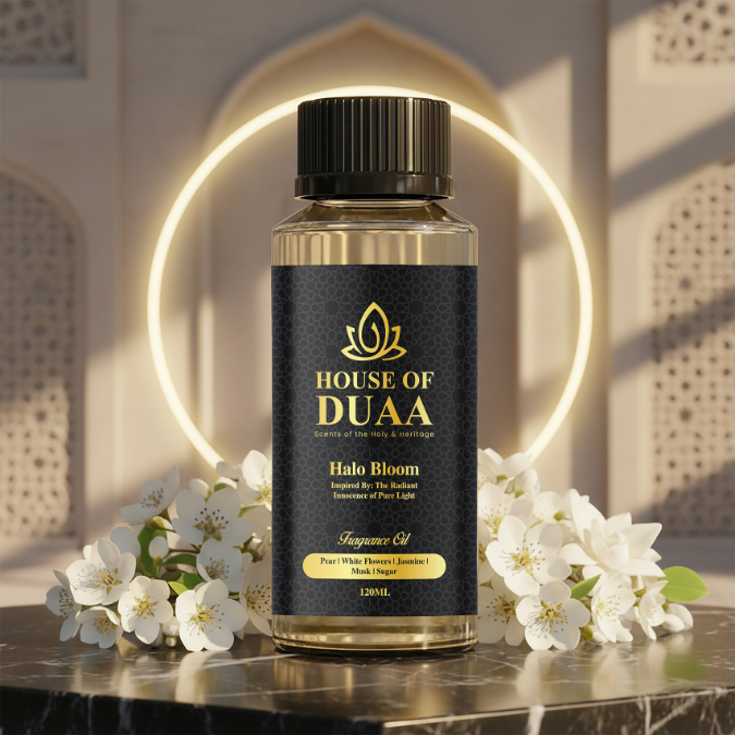 Halo Bloom diffuser oil & fragrance blends pear, white flowers, jasmine, musk & sugar for a gentle, uplifting, and beautifully serene home scent - House of Duaa