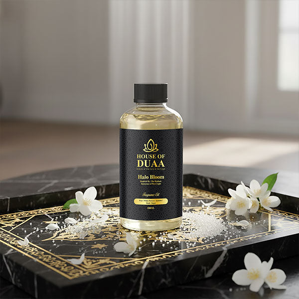 Halo Bloom diffuser oil & fragrance blends pear, white flowers, jasmine, musk & sugar for a gentle, uplifting, and beautifully serene home scent - House of Duaa