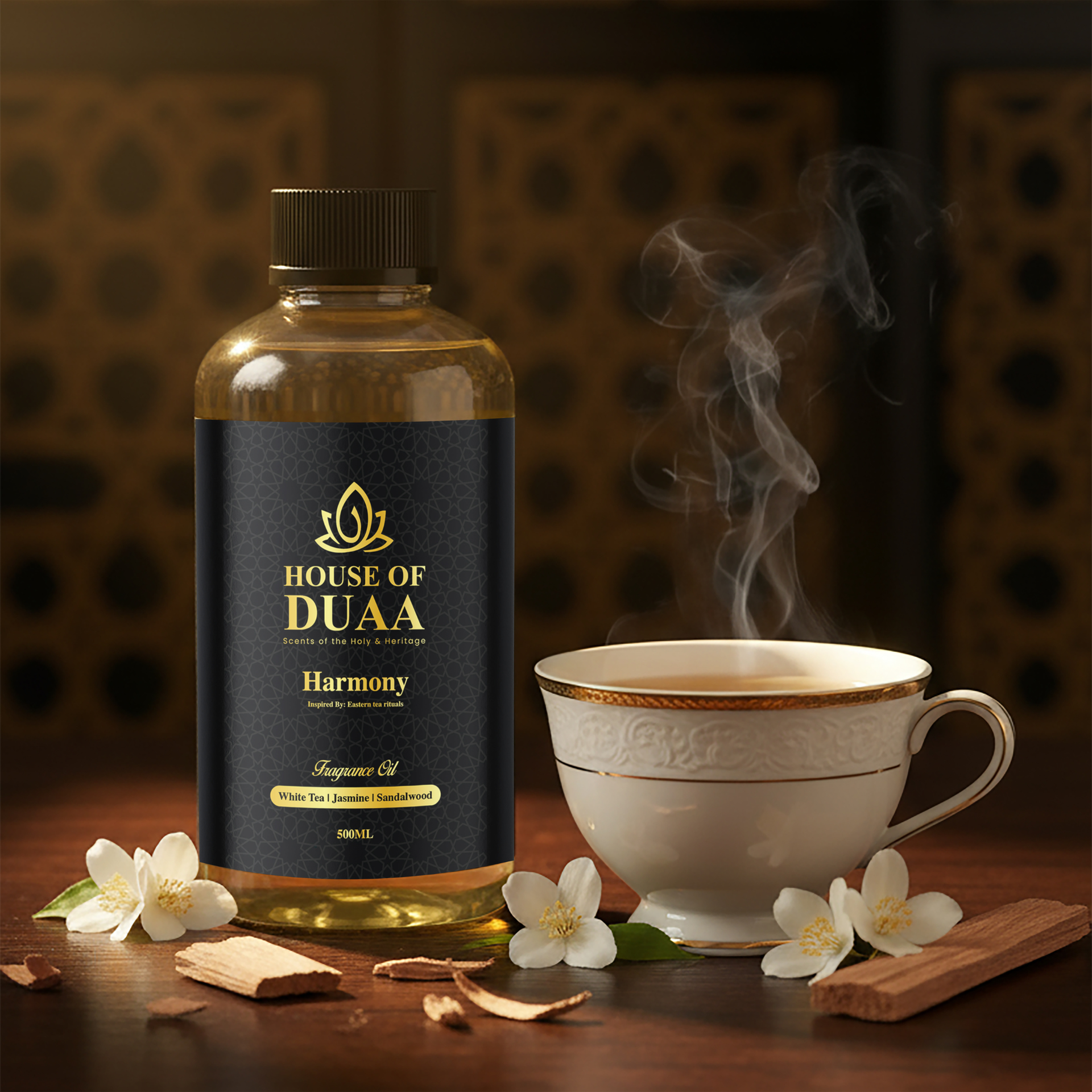 Harmony is a calming diffuser oil and fragrance inspired by Eastern tea rituals. White tea, jasmine, and sandalwood create a peaceful, balanced, and soothing scent - House of Duaa